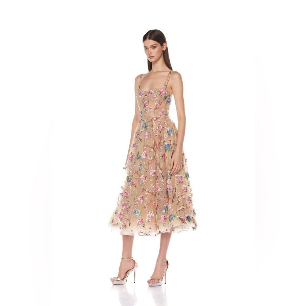 NWOT BRONX AND BANCO Mademoiselle Embroidered Gold Multi Floral Midi Dress - Picture 2 of 15